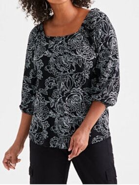 Style & Co. Black Floral Square-Neck Blouse / Large